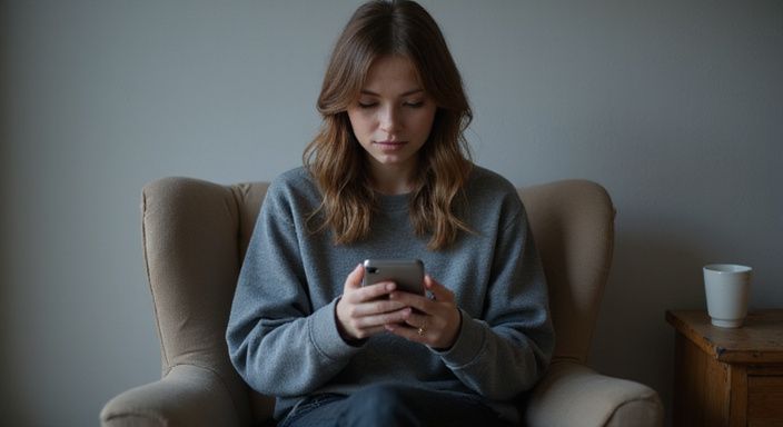 Een vrouw in een grijze sweatshirt zit pensief op een fauteuil.