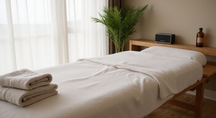 Een serene spa ruimte met een massagetafel en ontspannende sfeer.