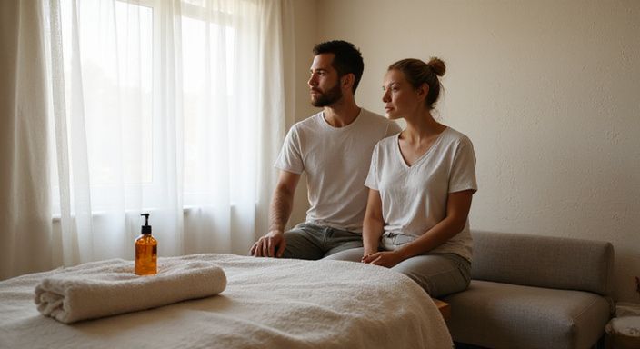 Een rustgevende slaapkamer met ontspannende sfeer en massage-elementen.