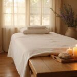 Een rustige massagekamer met natuurlijke materialen en uitnodigende sfeer