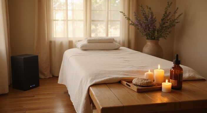 Een rustige massagekamer met natuurlijke materialen en uitnodigende sfeer.