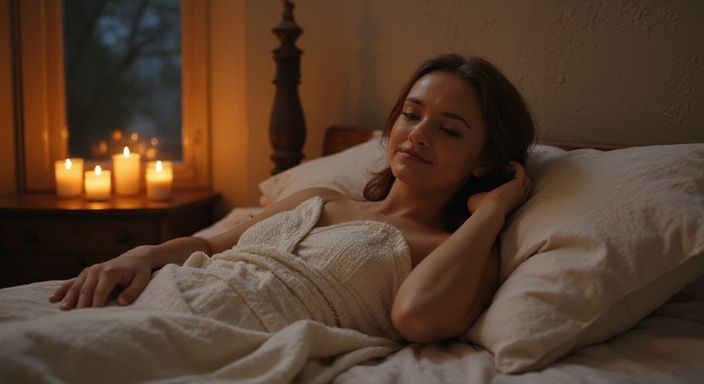 Een persoon ontspant op een bed met kaarslicht en natuurlijke schoonheid.