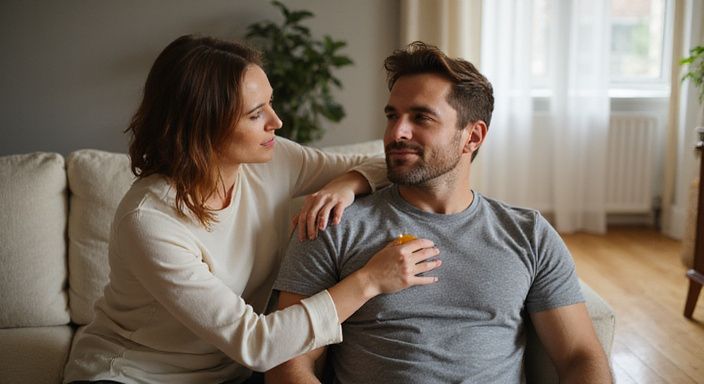 Een vrouw masseert een man op een comfortabele bank en wil een sexmassage.