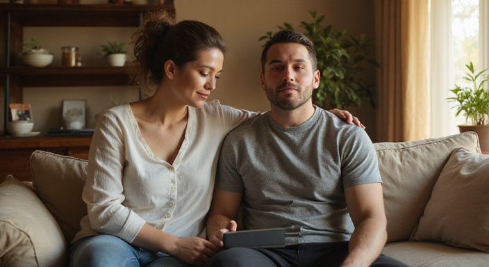 Een vrouw masseert ontspannen de schouders van een man op de bank.