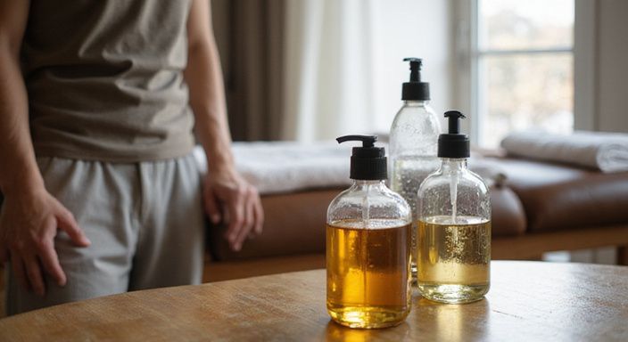 Twee glazen flessen op een houten tafel met een massage tafel.