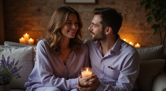 Een man en vrouw delen een intieme avond op een houten bank.