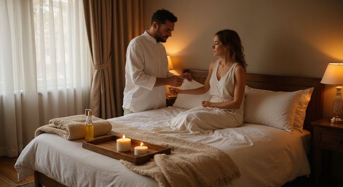 Een koppel bereidt zich voor op een intieme, rustige avond met een sexmassage.