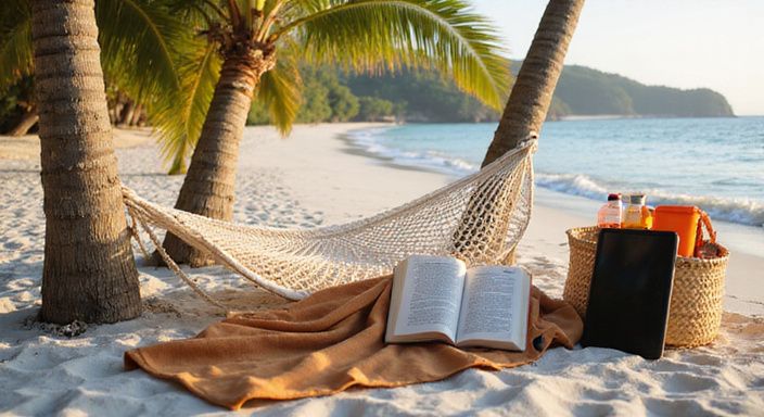 Tropisch strand met hangmat, boek en veiligheidsuitrusting.