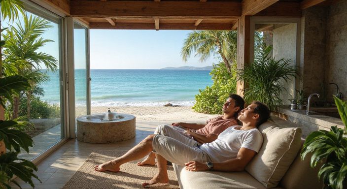 Een ontspannen koppel geniet van een luxueuze beach villa.
