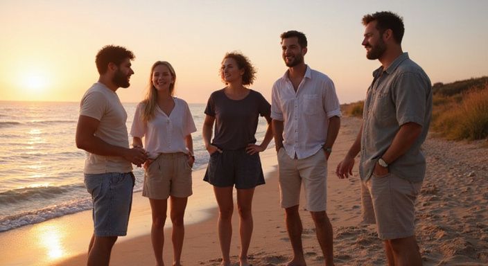 Een groep volwassenen geniet van een sexvakantie op het strand.