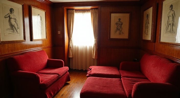 Een luxe kajuit met rode fluwelen meubels en houten panelen.