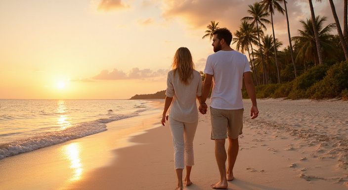 Een vrouw en man wandelen ontspannen langs een wit zandstrand.