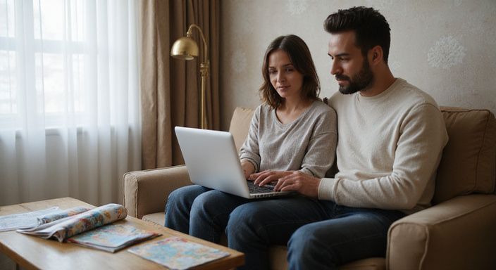 Een man en vrouw plannen samen een sexvakantie op hun laptop.
