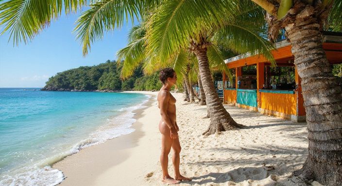 Een serene nudistenstrand met zachte zand en helder turquoise water.