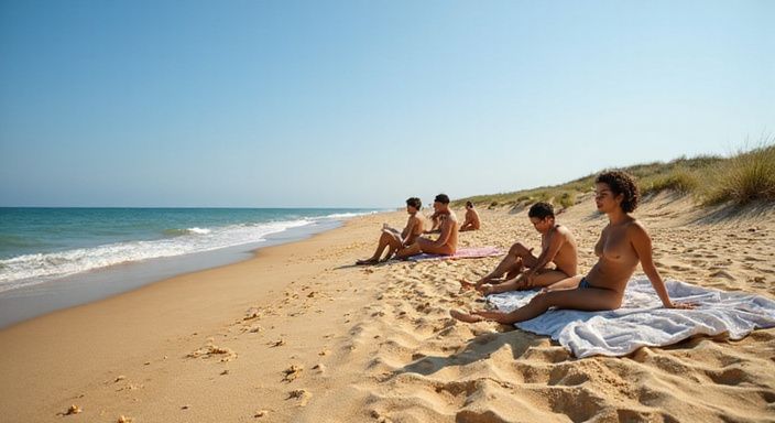 Nude beachgoers ontspannen op een rustige stranddag in Cap d’Agde.