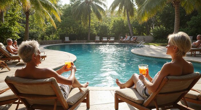 Een rustig adults-only strandresort met ontspannen stellen bij het zwembad.