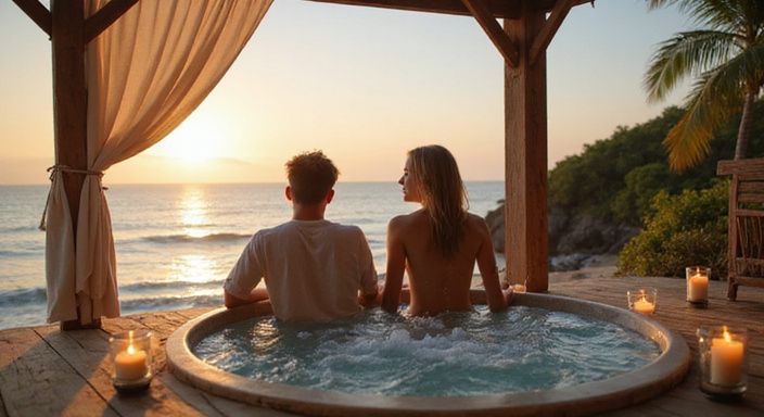 Een stel geniet van een jacuzzi met uitzicht op de oceaan.