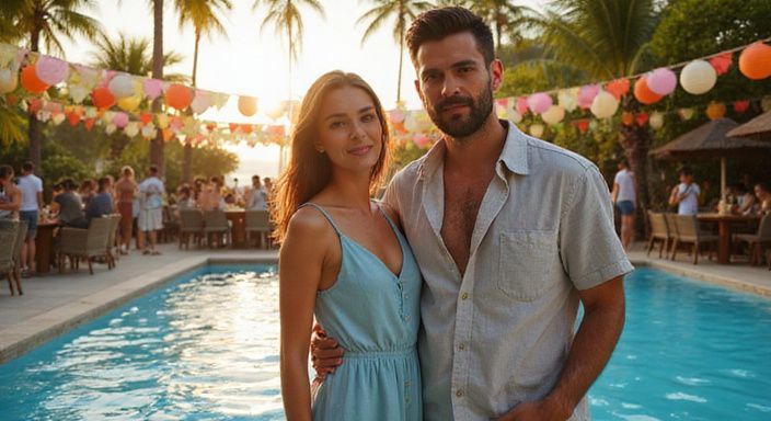 Een vrouw in een sundress en een man in een linnen shirt op een feest.