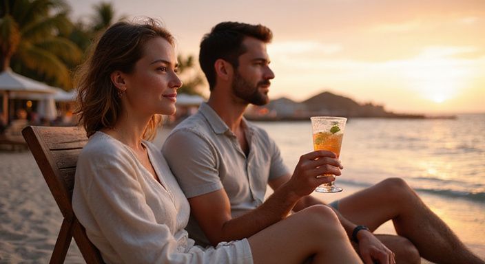 Een man en vrouw ontspannen met cocktails op een loungestoel.