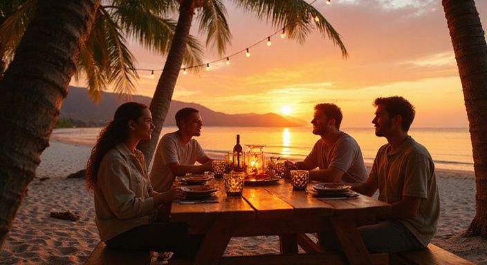 Vrienden genieten van een ontspannen avond aan het strand in Phuket tijdens hun sexvakantie.