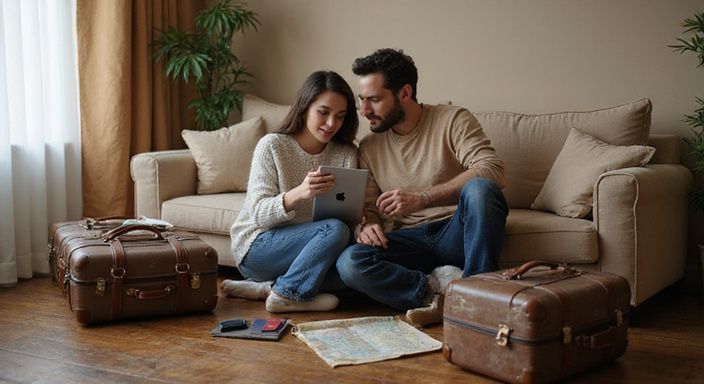Een stel plant samen hun reis op een tablet op de bank.