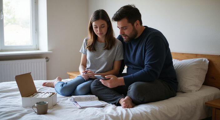 Een koppel organiseert hun vakantie op een bed in Airbnb.