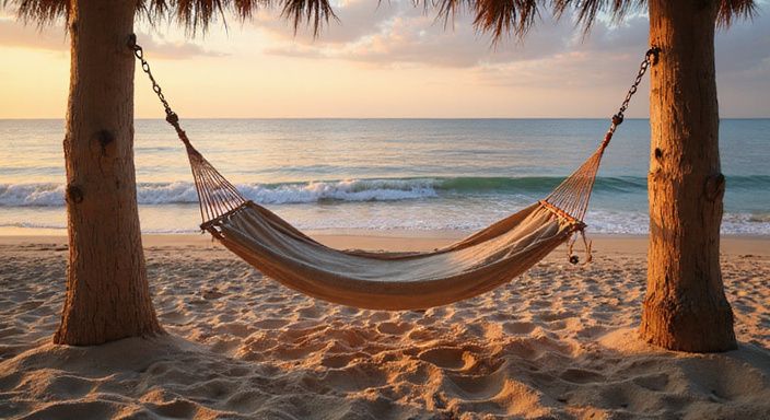 Een afgelegen strandresort met hangmatten en rustige oceaangolven.