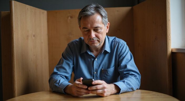 Een middelbare persoon typt geconcentreerd op een smartphone aan een tafel.