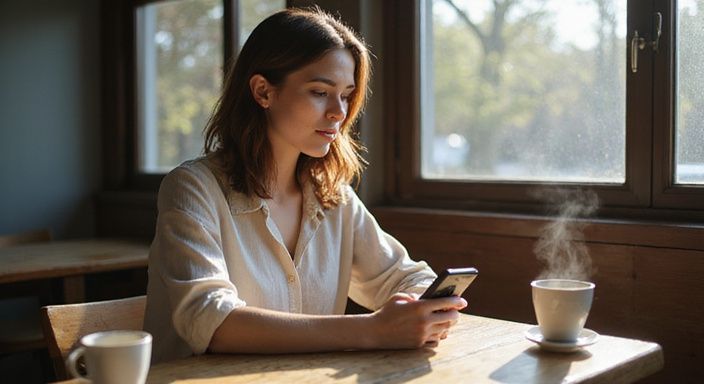Een vrouw scrollt op haar smartphone in een gezellig café en wil vrouw zoekt man sexcontact.