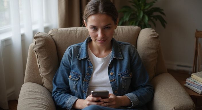 Een vrouw zit ontspannen in een fauteuil en zoekt op haar telefoon naar vrouw zoekt man sexcontact.