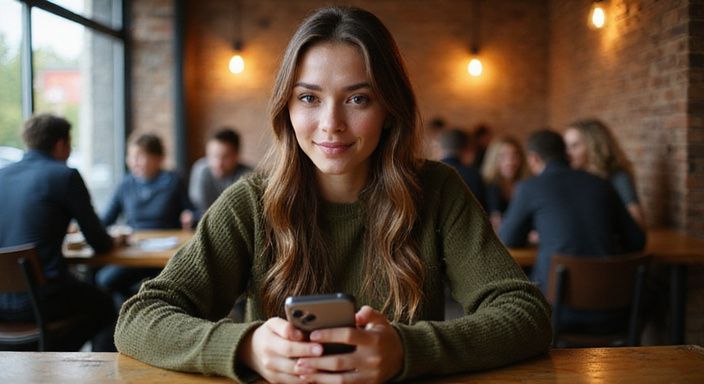 Jonge vrouw met kastanjebruin haar glimlacht aan een café-tafel en wil vrouw zoekt man sexcontact.