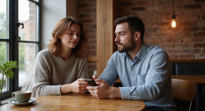 Een man en vrouw delen een intiem moment in een café.