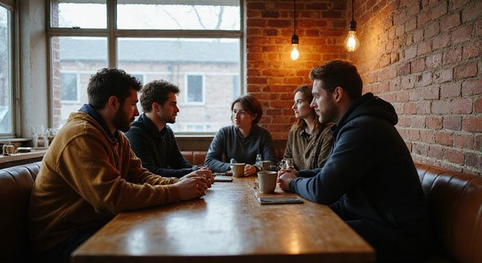 Een groep volwassenen bespreekt ontspannen ideeën in een gezellige koffiebar.