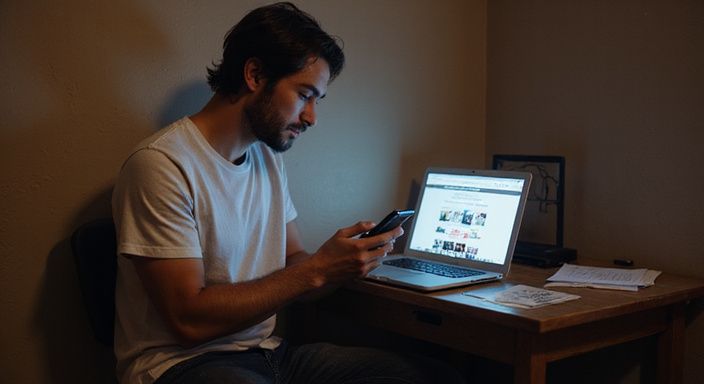 Een persoon in casual kleding zit ontspannen met een smartphone.