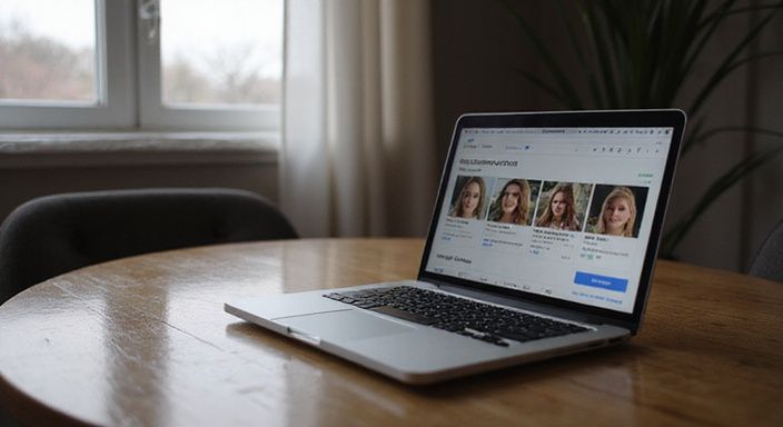 Een laptop toont een dating-app met profielen van vrouwen.