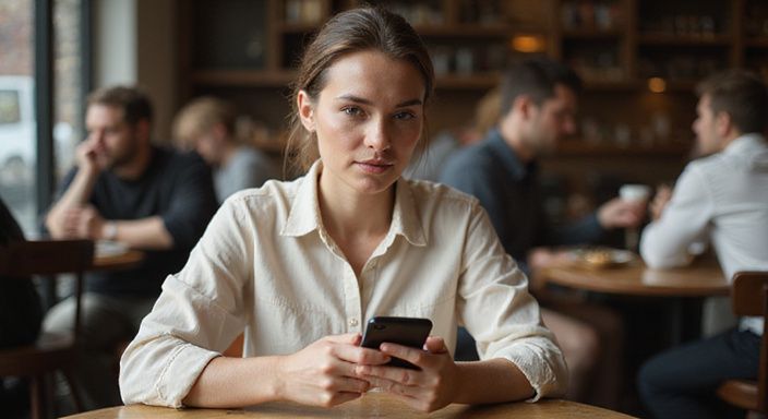 Een vrouw staat geconcentreerd een smartphone te bekijken in een café.