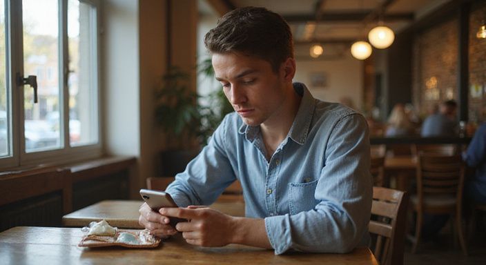 Een persoon zit alleen aan een tabel met een smartphone in hand en zoekt vrouw zoekt man sexcontact.