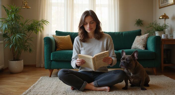 Een vrouw leest een boek naast een ontspannen Franse bulldog.