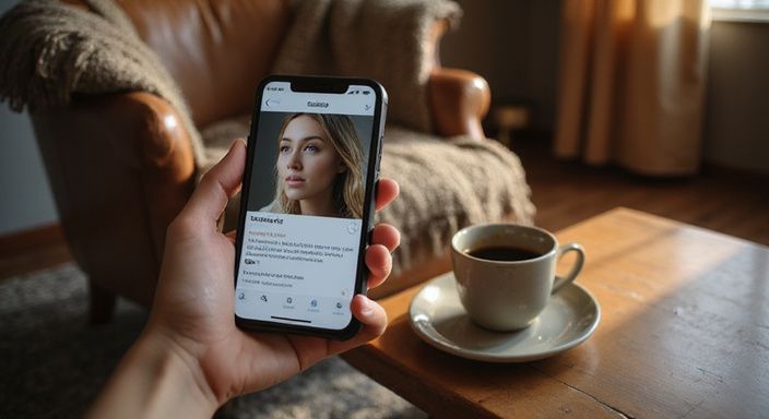 Een smartphone toont een datingprofiel voor vrouw zoekt man sexcontact met een vrouw en haar bio.