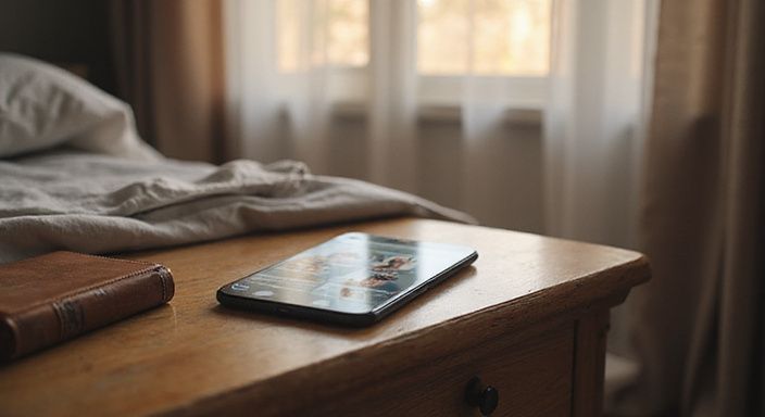 Een slaapkamer met een smartphone en een datingapp op het nachtkastje.