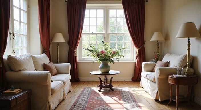 Candid foto van een sfeervolle woonkamer met vintage meubels en bloemen.