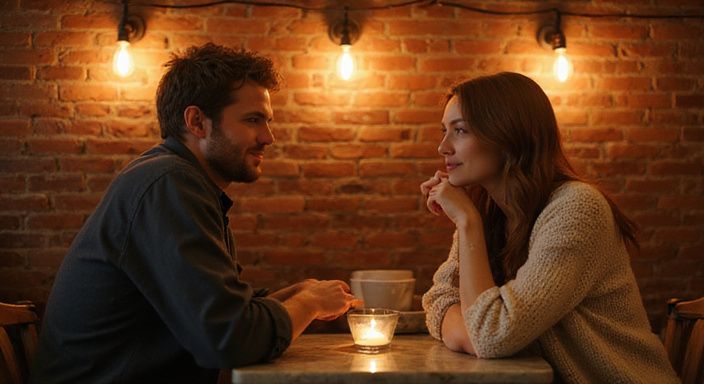 Een romantisch diner met een man en vrouw in een café. Een romantisch diner met een man en vrouw in een café.