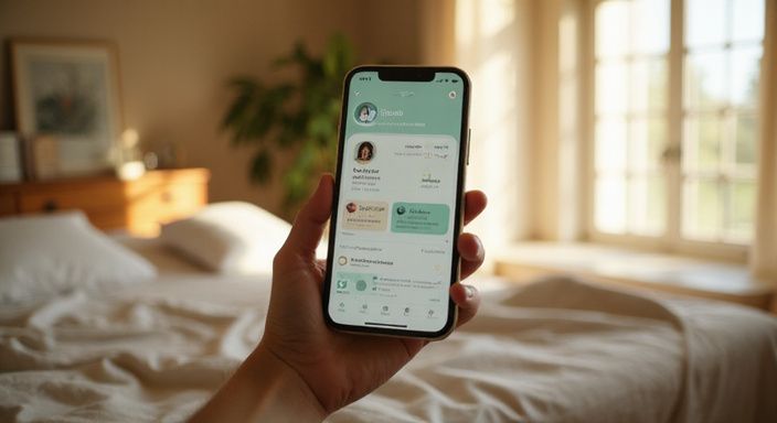 Een smartphone toont een dating-app in een slaapkamerinterieur. Een smartphone toont een dating-app voor sexcontact shemales neuken in een slaapkamerinterieur.