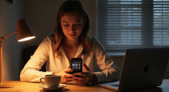 Een vrouw in gedachten met een smartphone aan een minimalistisch bureau.