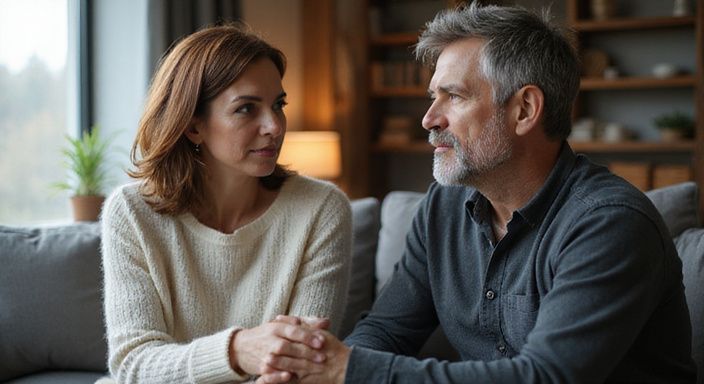 Twee middelbare volwassenen in een intieme, betrokken gesprek over stellen swingers sexcontacten op een bank.