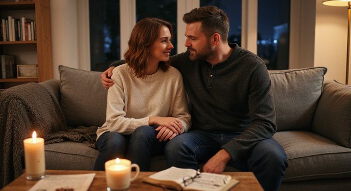 Een stel zit dicht bij elkaar op een moderne bank en wil stellen swingers sexcontacten.