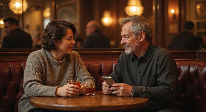 Een middel ouder echtpaar geniet van een gesprek over stellen swingers sexcontacten in een lounge.