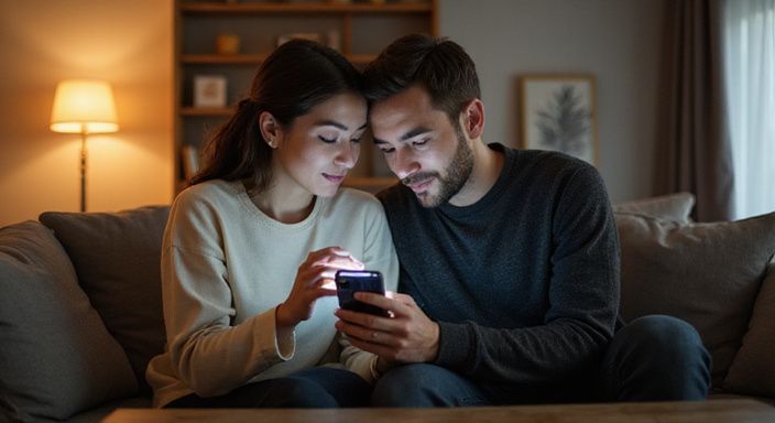 Een vrouw en man bekijken samen een datingapp voor stellen swingers sexcontacten op hun smartphone.