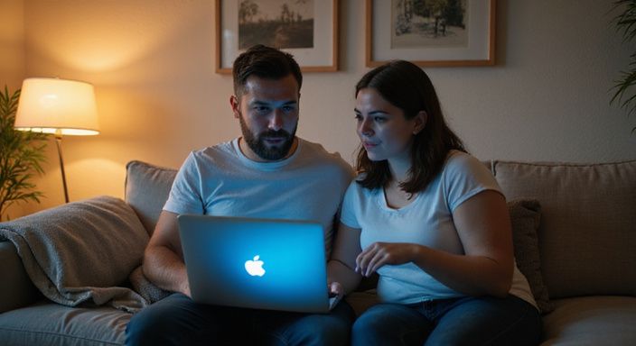 Twee volwassenen gefocust op een laptop in een huiskamer.