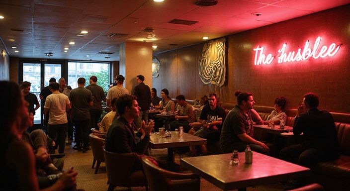 Een levendige sociale bijeenkomst voor stellen swingers sexcontacten in een eigentijdse lounge.